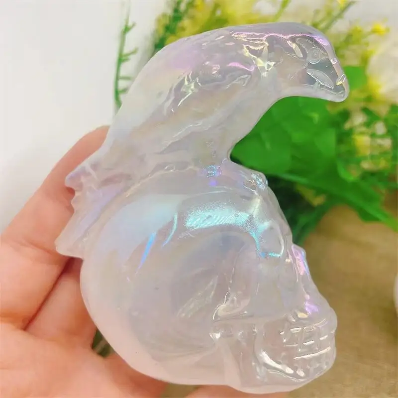 Natural Aura Crystal Quartz Crow Skull Hand Carved Animal Figurine Energy Crafts Home Decoration As Gift 1PCS