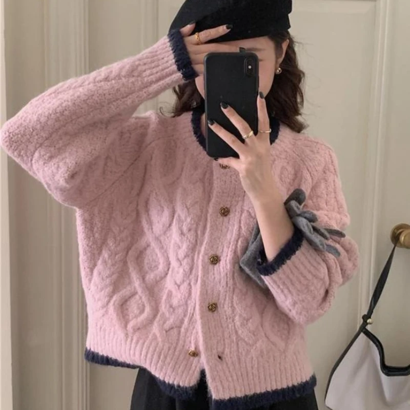 Koreanische Harajuku Weiche Weibliche Tops Frauen Vintage Gestrickte Patchwork Strickjacke Herbst Winter Einreiher Süße Pullover