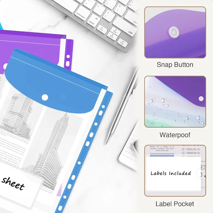 مظاريف بلاستيكية جيوب مجلدة لحقيبة المستندات الدائرية 2 3 4 تنظيم بسهولة شفافة 8.5 × 11 عبوة قابلة للتوسيع مكونة من 12 قطعة