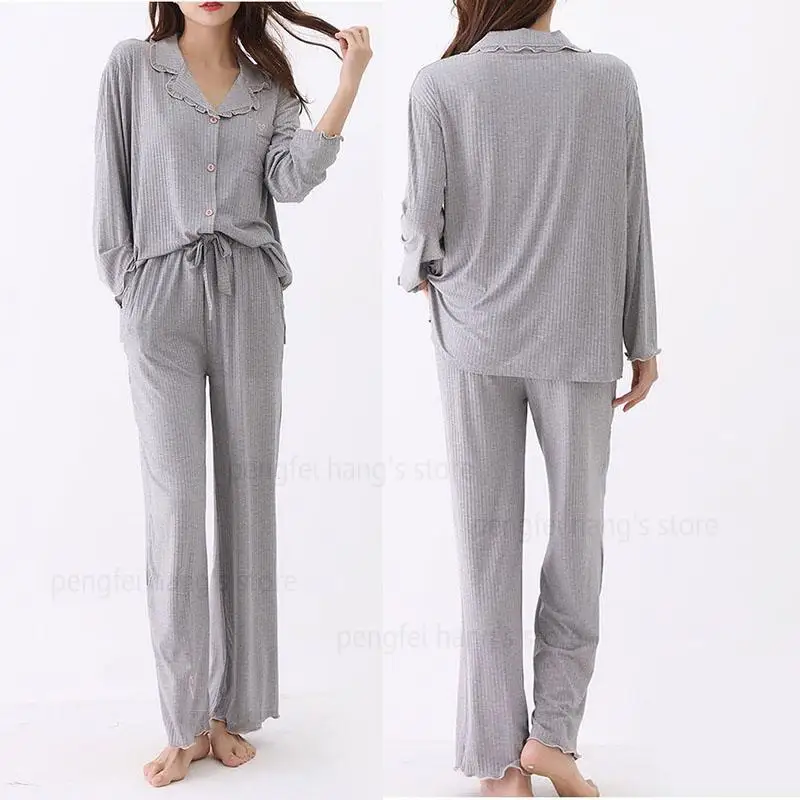 

Серый модальный пижамный комплект: топ с длинным рукавом и брюки, 2 предмета, для сна и отдыха, летний/весенний, новая домашняя одежда, вышитые пижамы