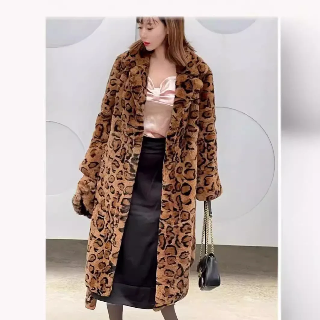 Leopard Print Fluffy Suit Collar Belt Young Long Coat Imitation Fur Jacket Women 2024 Autumn And Winter New
