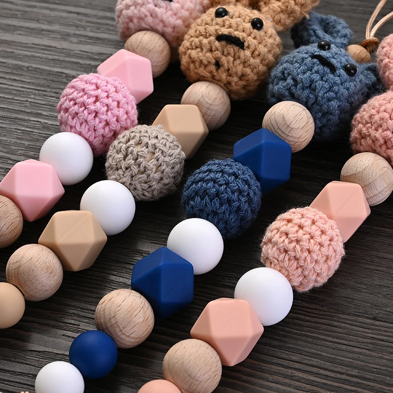 Beech Wood Baby Pacifier Clip Wooden Crochet Rabbit Teething Chain For Baby Teether Soother Nipple Chain Care Toy Infant Product