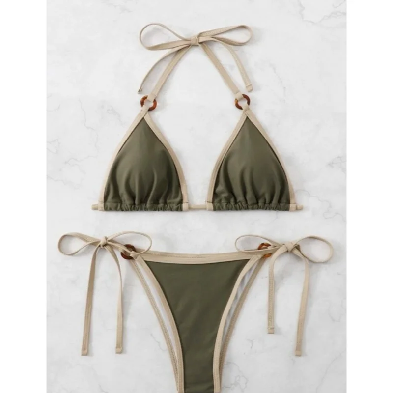 Women Halter Triangle Bikini Set Contrast Binding O Ring Tie Side Two Piece Bathing Suit Swimwear Summer Beach Pool Holiday
