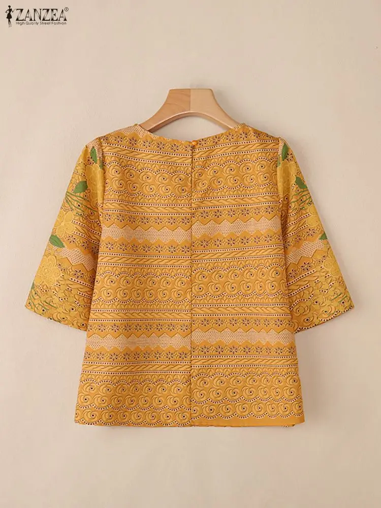 ZANZEA Womens Floral Printing Blouses 2025 Autumn Round Neck Half Sleeve Yellow Blouse Woman Vacation Everyday Casual Wear S-3XL
