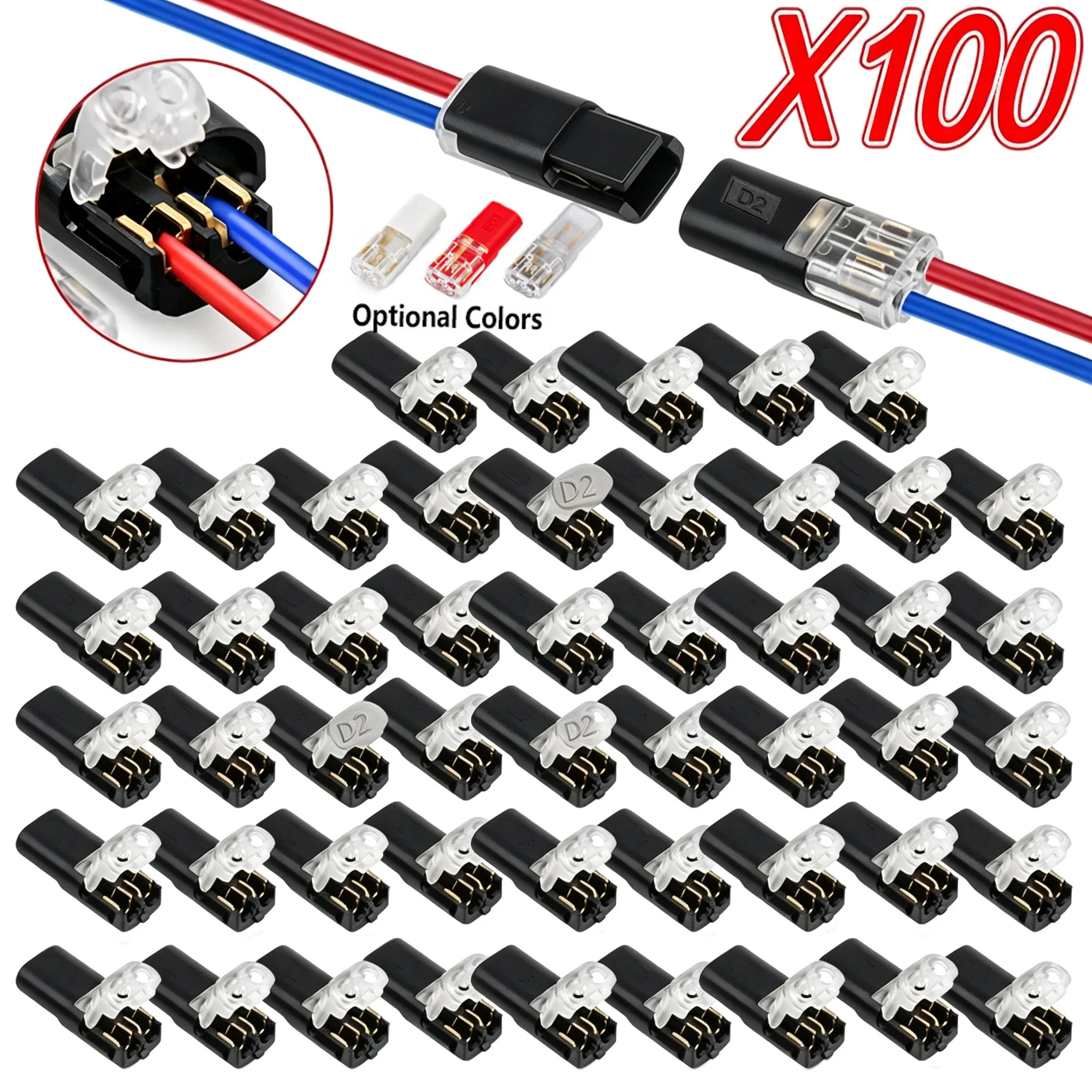 50/100 Pack D2 2-Pin Plug-In Wire Connectors Nylon Insulated Copper Quick Connection Terminal Blocks for Low Voltage Application