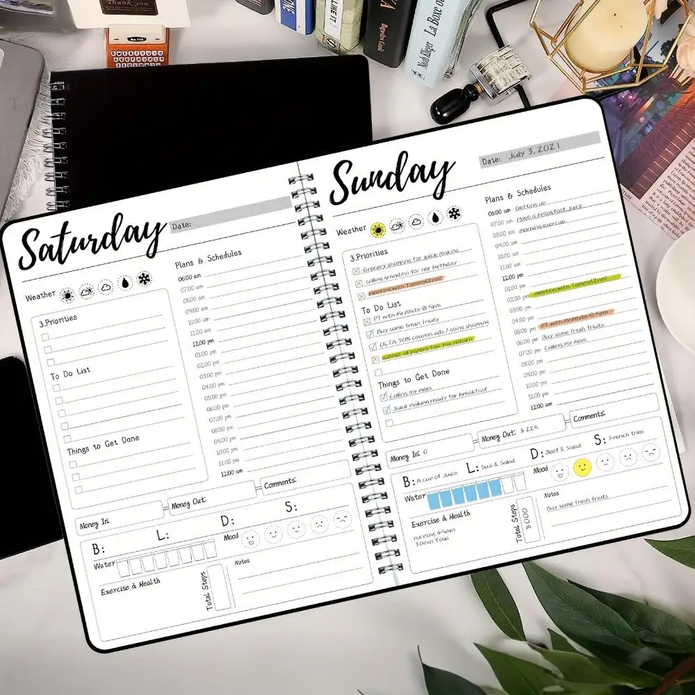 Cuaderno planificador diario y semanal sin fecha de 7 días: horario horario, lista de tareas, planificación de conciertos y fitness, para un tiempo eficiente Mana