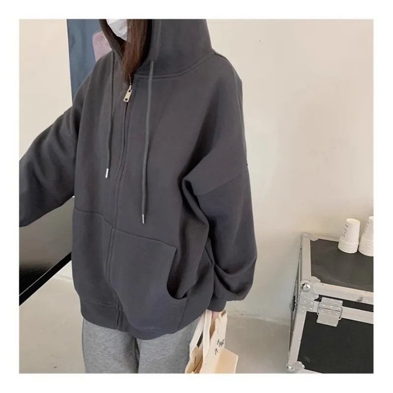 Sweater Jacket Women Clothes Autumn Zip Up Hoodie Long-sleeved Sweatshirt Coat Korean Lazy Style Thick Hooded Fashion Cardigan