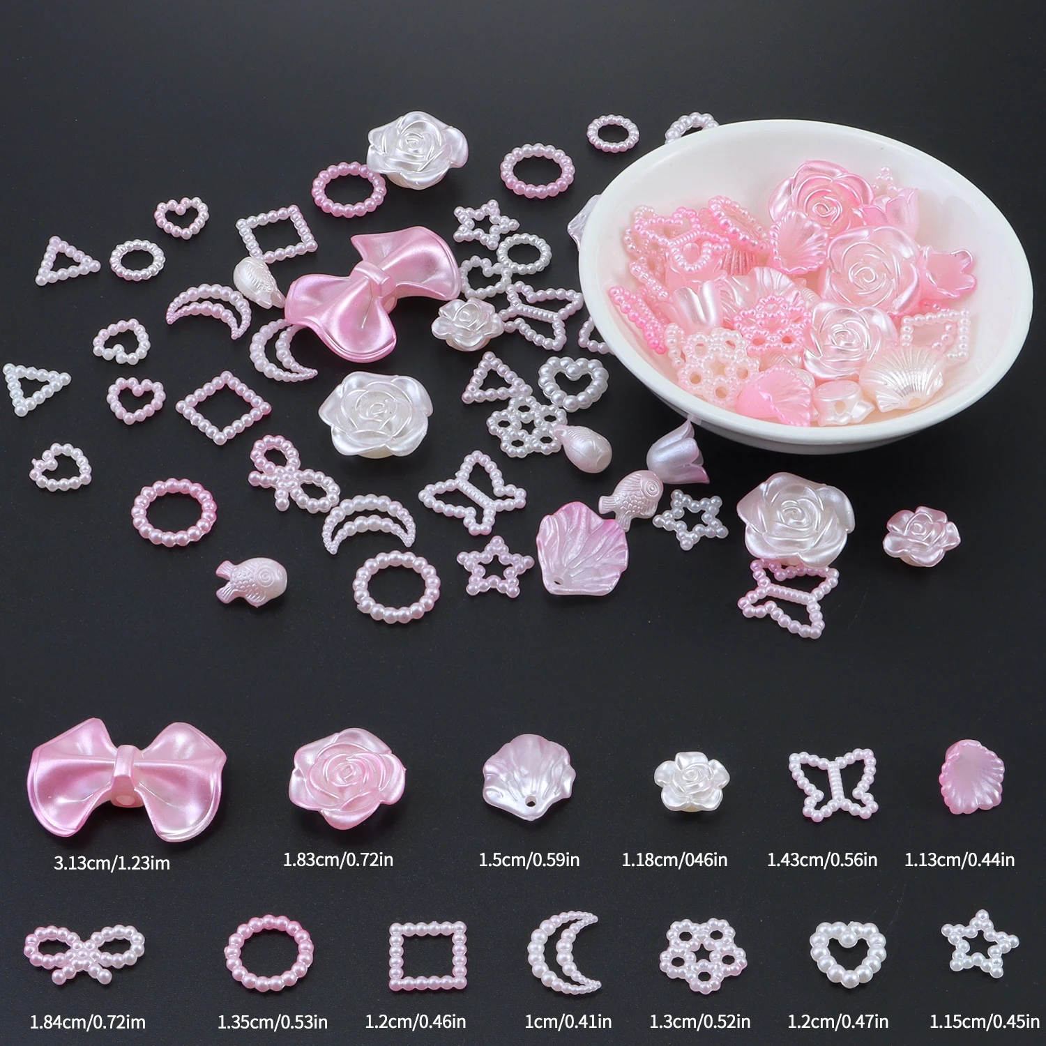 60g/lot Rainbow Color Hollow Out Acrylic Pearl Decoration Mixed Rose Bow for DIY Nail Art & Make Up Decoration Accessories