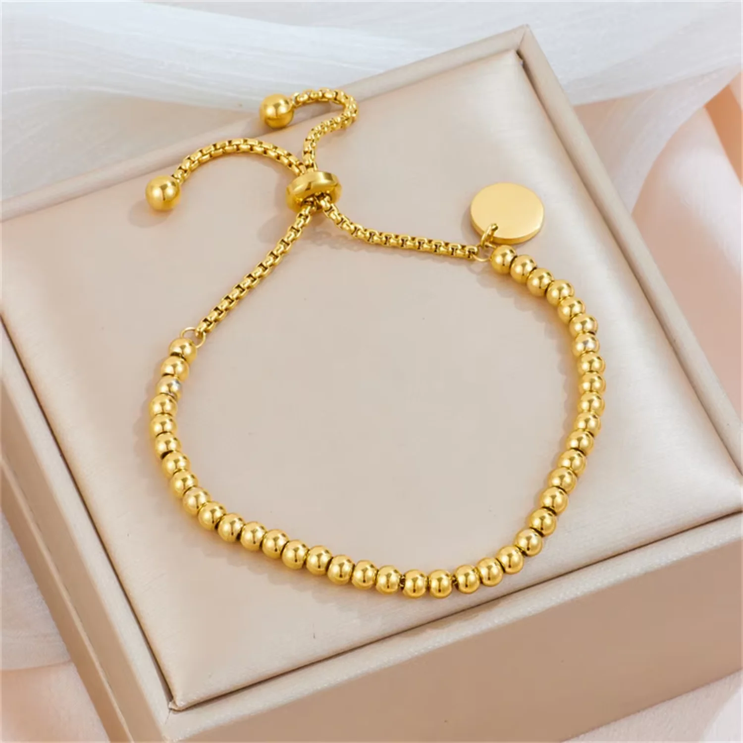 Damen-Armband aus 18 Karat vergoldetem Edelstahl mit Perlen, verstellbares Push-Pull-Armband, Modeschmuck