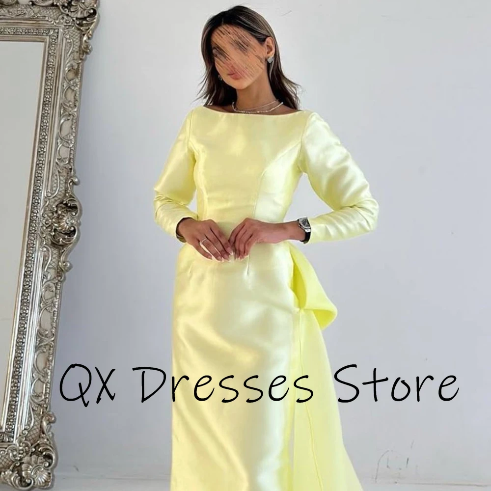 Customized Simple Yellow Pleat O-neck Backless Satin Evening Dresses Straight Ankle Length Sweep Train Pageant Gown