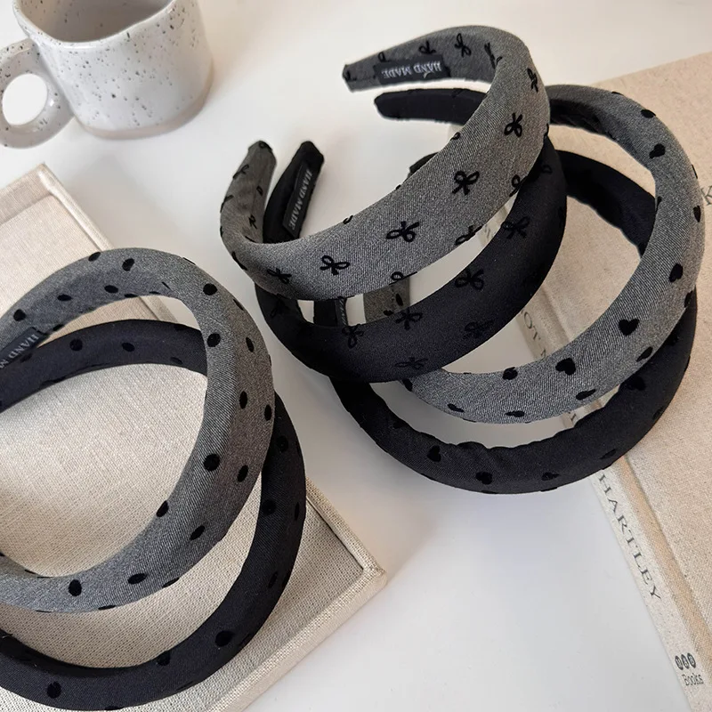 Autumn Winter Retro Black-Gray Headband Bow Heart Sponge Hair Band for Woman Girls Temperament Hair Hoop Female Hair Accessories