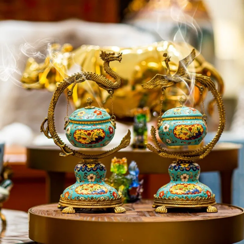 HX6 ceramic inlaid copper, dragon and phoenix incense burner, enamel color, Chinese accessories ceramics, entrance ornament