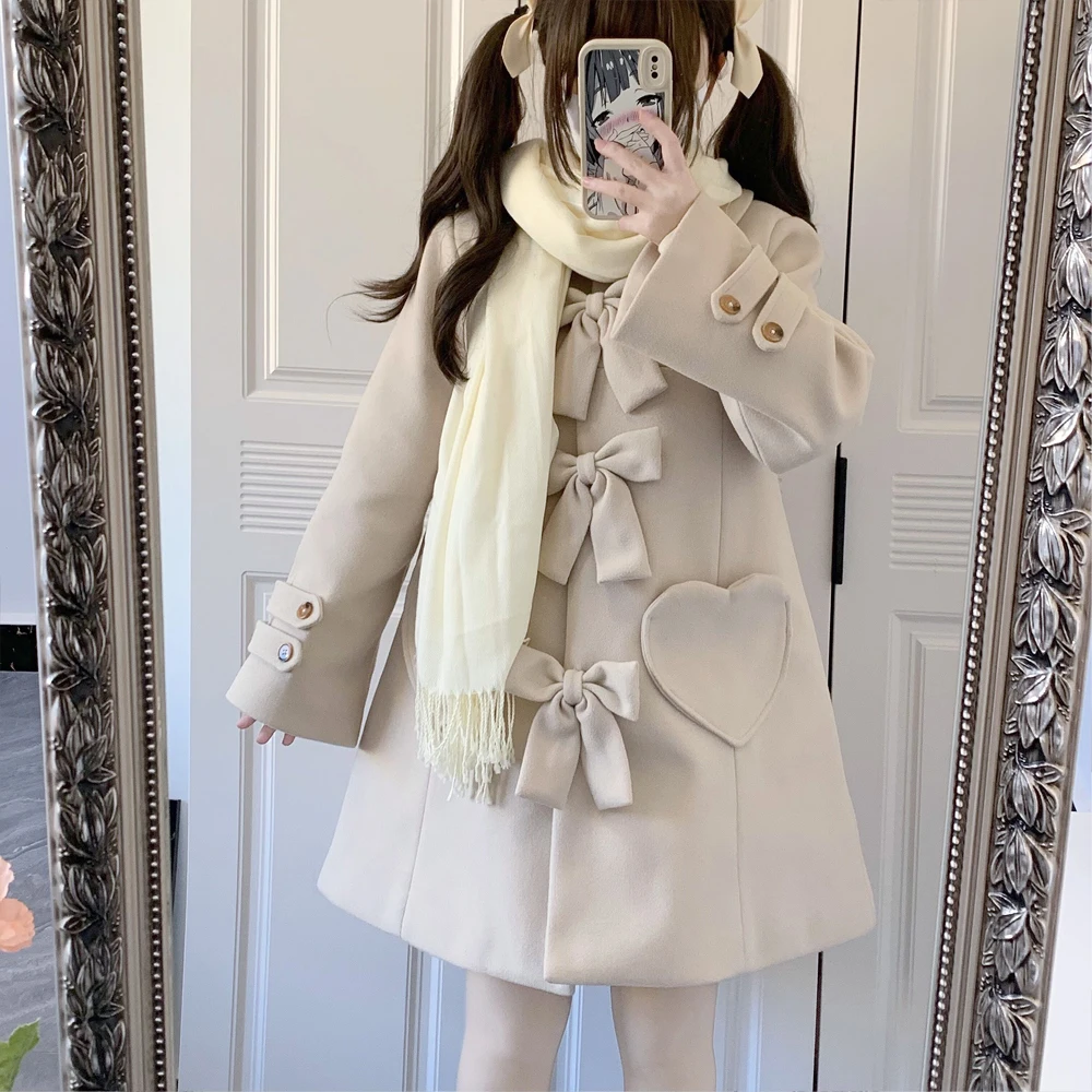 2025 Autumn Winter New Japanese Style Beige Turn-Down Collar Long Sleeve Bow JK Mid-Length Casual Loose Quilted Coat