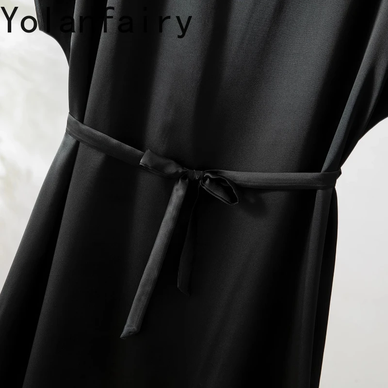 YOLANFAIRY 100% リアル桑シルクサマードレス 2025 スムーズなサテンシルクブラックドレス女性ラウンドネック半袖ドレスオフィス