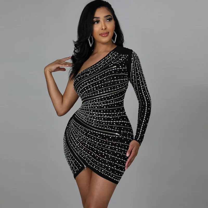 Szkzk Rhinestone Splicing Multi Zipper One Shoulder Long Sleeve Mini Dress Women Bodycon Prom Diamond Asymmetric Short Dresses