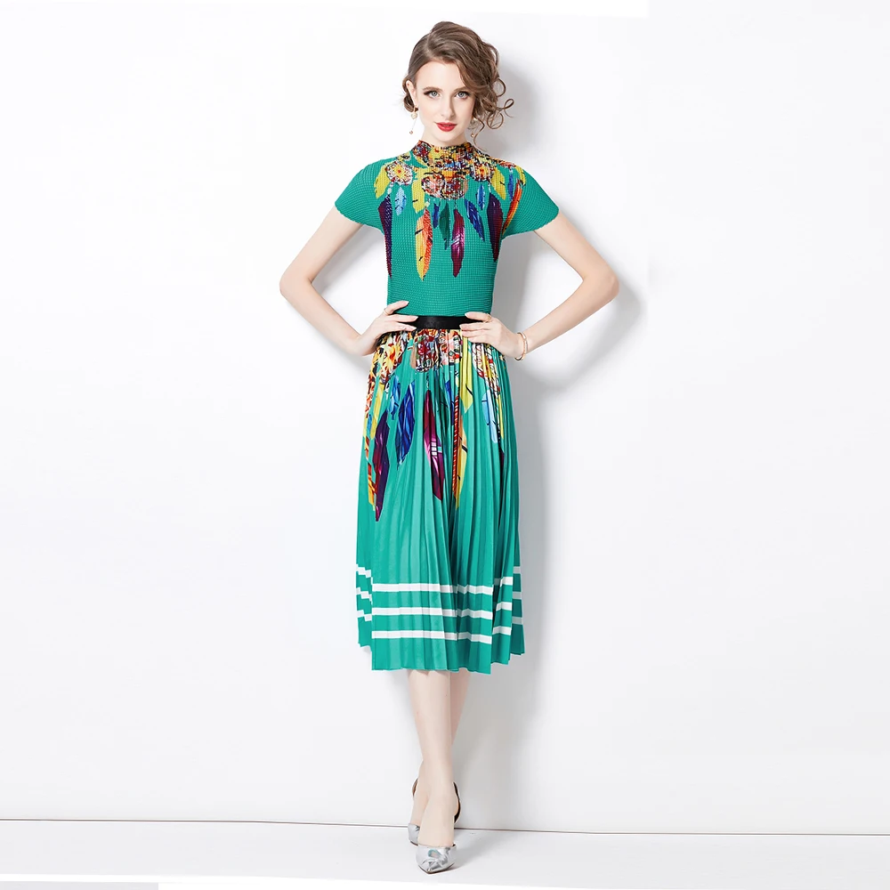 

Runway Printing Pleated Two Piece Sets For Women Turtleneck Top Elastic Waist A-line Skirt Casual Female Clothing Summer M8567
