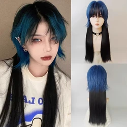 VICWIG Black Mullet Head Wigs with Bangs Long Synthetic Straight Men Women Anime Cosplay Hair Wig for Daily Party