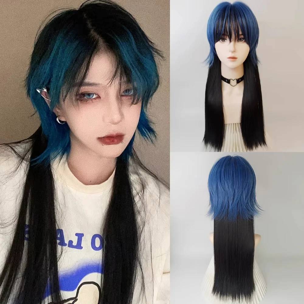 VICWIG czarne peruki z głową Mullet z grzywką długie syntetyczne proste mężczyźni kobiety Anime Cosplay peruka do włosów na codzienną imprezę