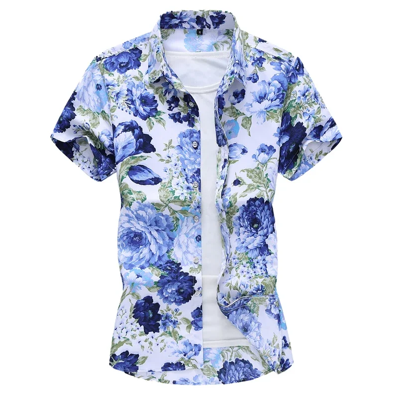 Men's Print Shirt, Short Sleeved Beach Shirts Single Breasted Square Collar Black Purple Camisa Asian Size M-7XL