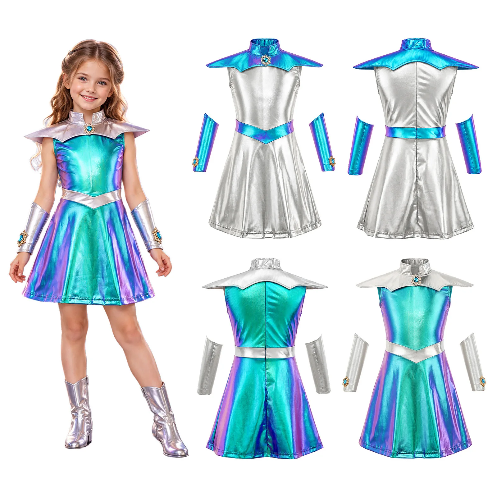 Girls Shiny Alien Outerspace Halloween Costume Sleeveless Metallic Tutu Dance Dress with Antenna Cape Gloves Theme Party Sets