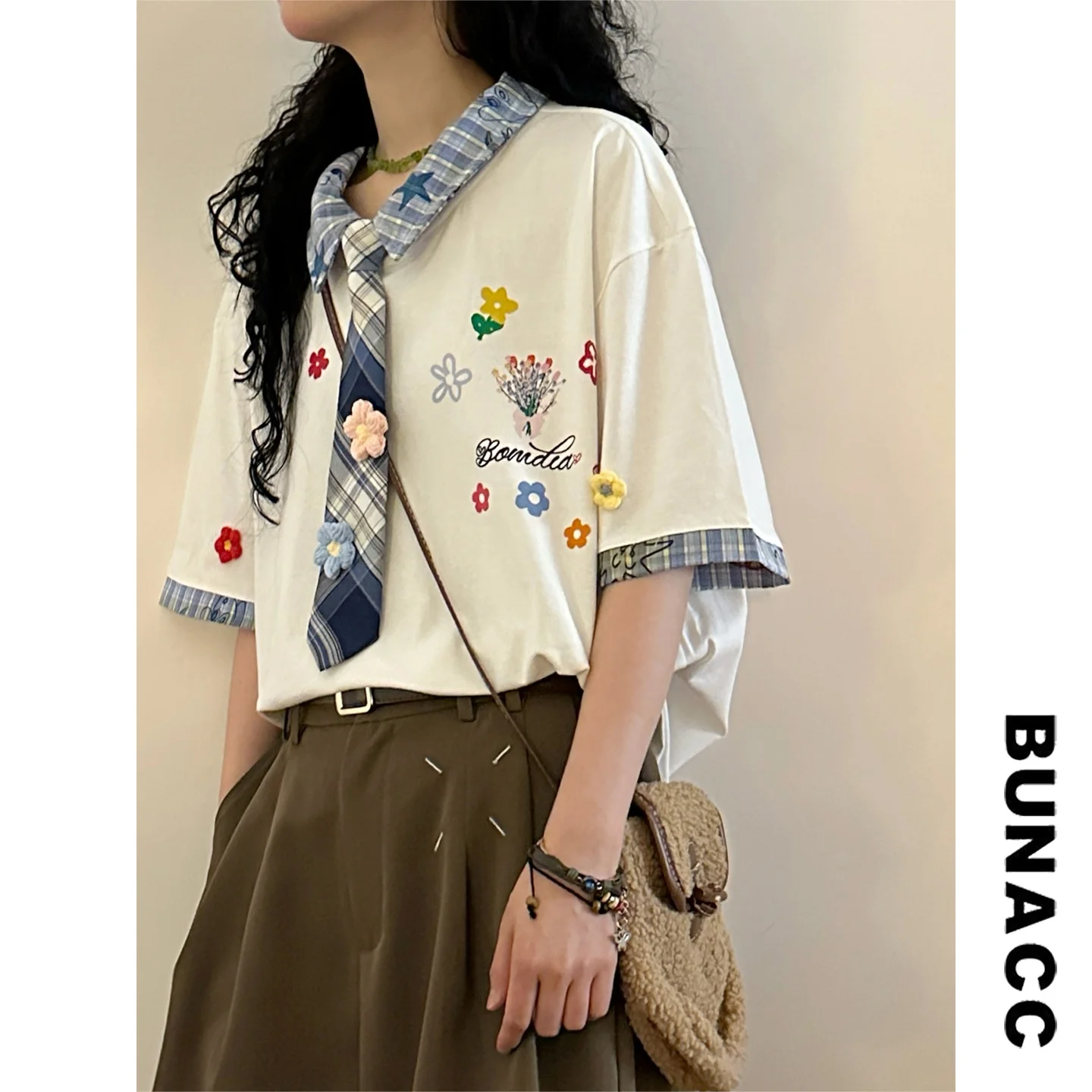 

Retro American Sweet Style Short Sleeve T-Shirt with Plaid Collar Design for Men And Women Summer Fashion Top Easy to Match
