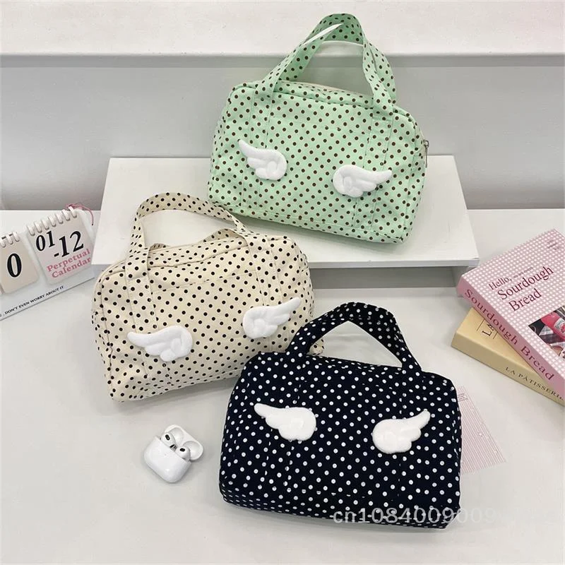 Ins Style Polka Dot Wings Design منظم أدوات الزينة الكبير، حقيبة مكياج للسفر مع مقابض، حقيبة استحمام محمولة
