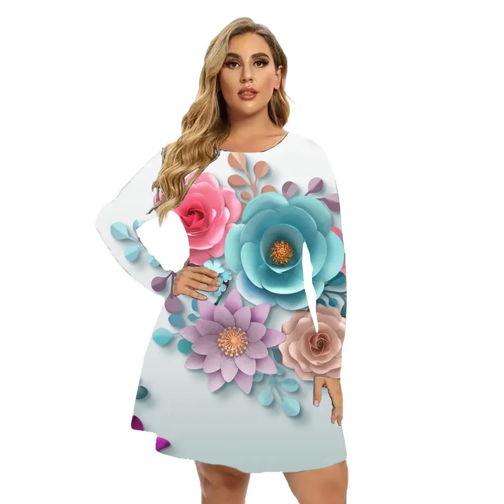 5XL 6XL Plus Size Women Clothing Fashion Long Sleeve Floral Printed Dresses Women For 2023 Autumn Big Sizes Casual Loose Dress