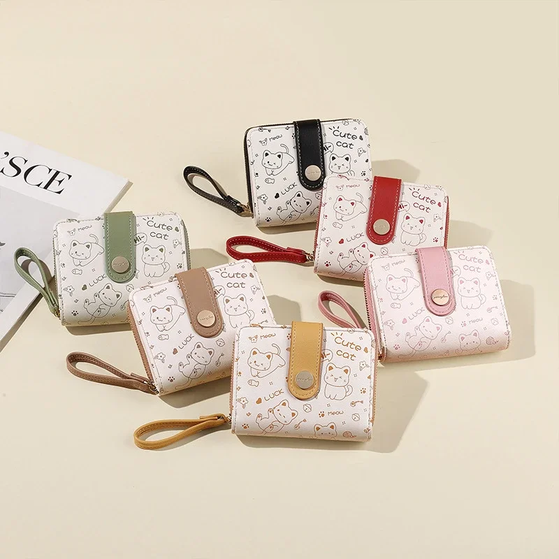 Nueva cartera japonesa con bonito gatito para mujer, tarjetero corto para identificación de estudiante, monedero con cremallera, cartera para mujer