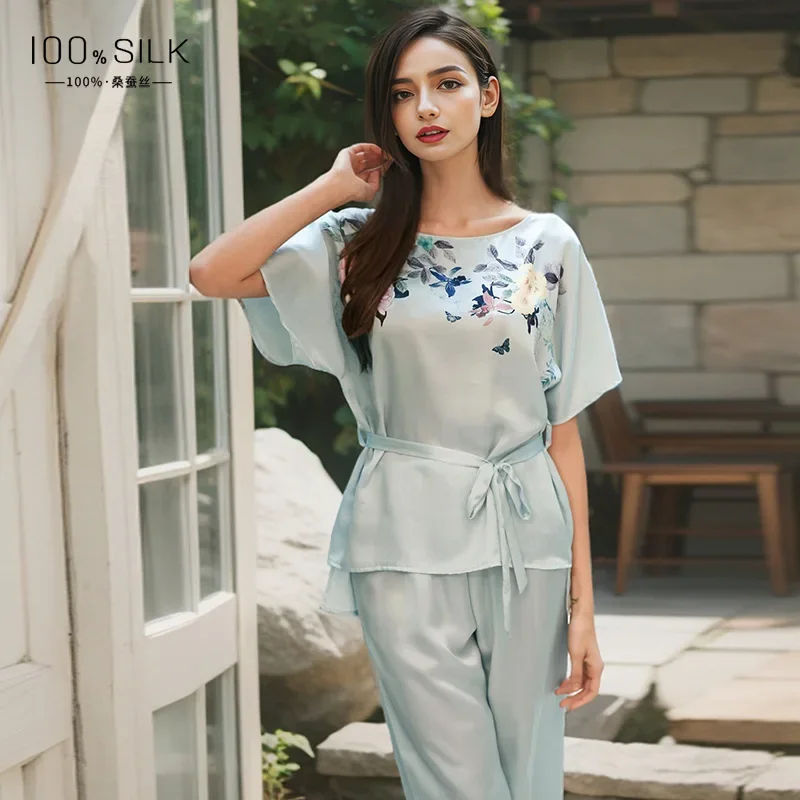 Printed 100% Mulberry Silk Women Pajamas Set Summer Short Sleeve Top & Trousers Two-piece Pajama Round Neck Belted Loungewear PJ