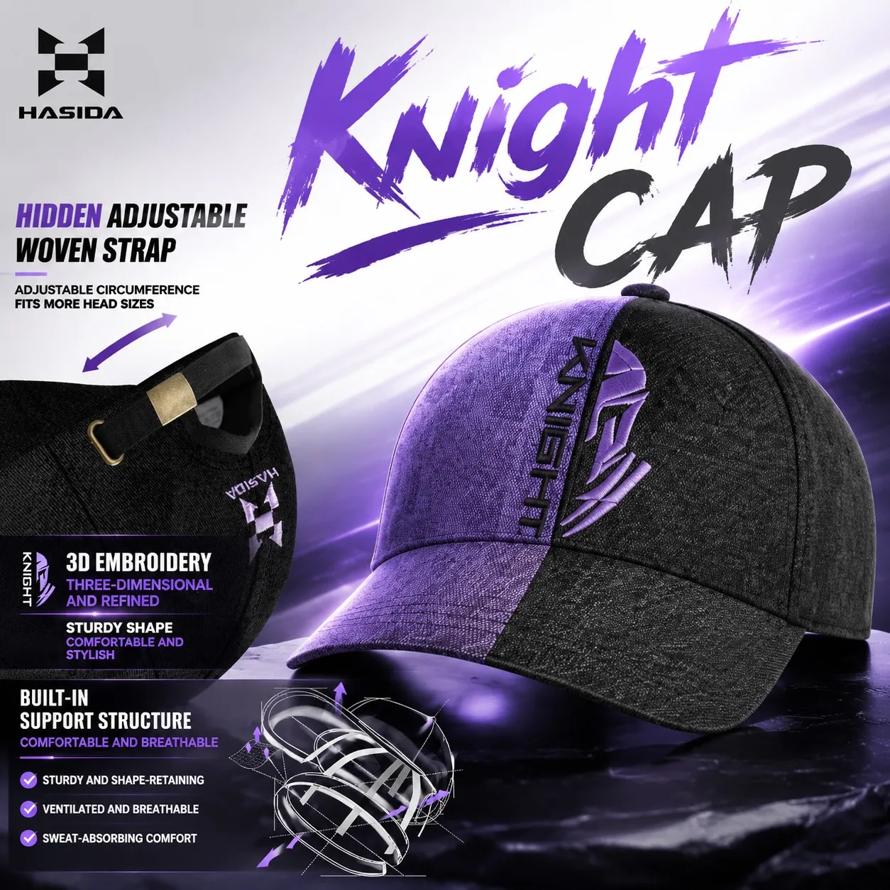 HASIDA Knight Co-branded Cap 100% Cotton Fabric 3D Embroidery Curved Brim Breathable High Quality Fishing Hat