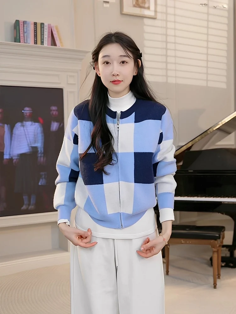 

OUDOEE Faionable Knitted Open Cardigan Women's Plaid Loose Top Spring New Arrival Casual Sle Breathable Soft Acrylic