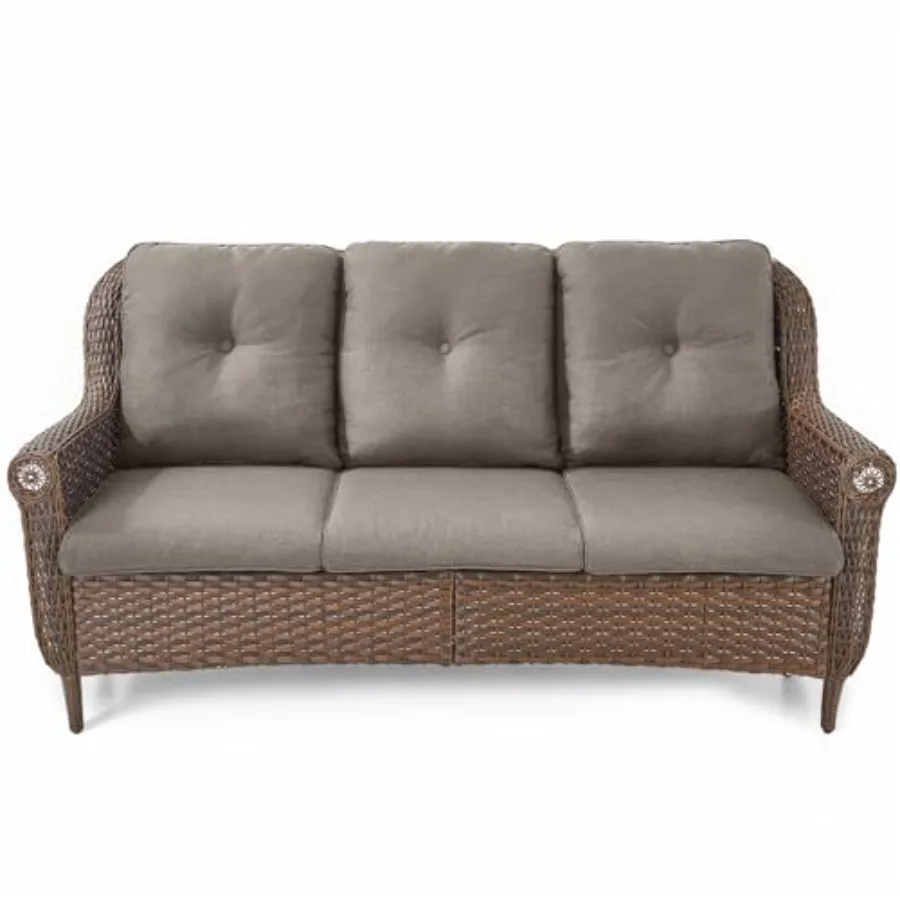 

Уличный диван-софа из ротанга для патио, всепогодный, коричневый, 3-местный, с высокой спинкой и удобными толстыми подушками