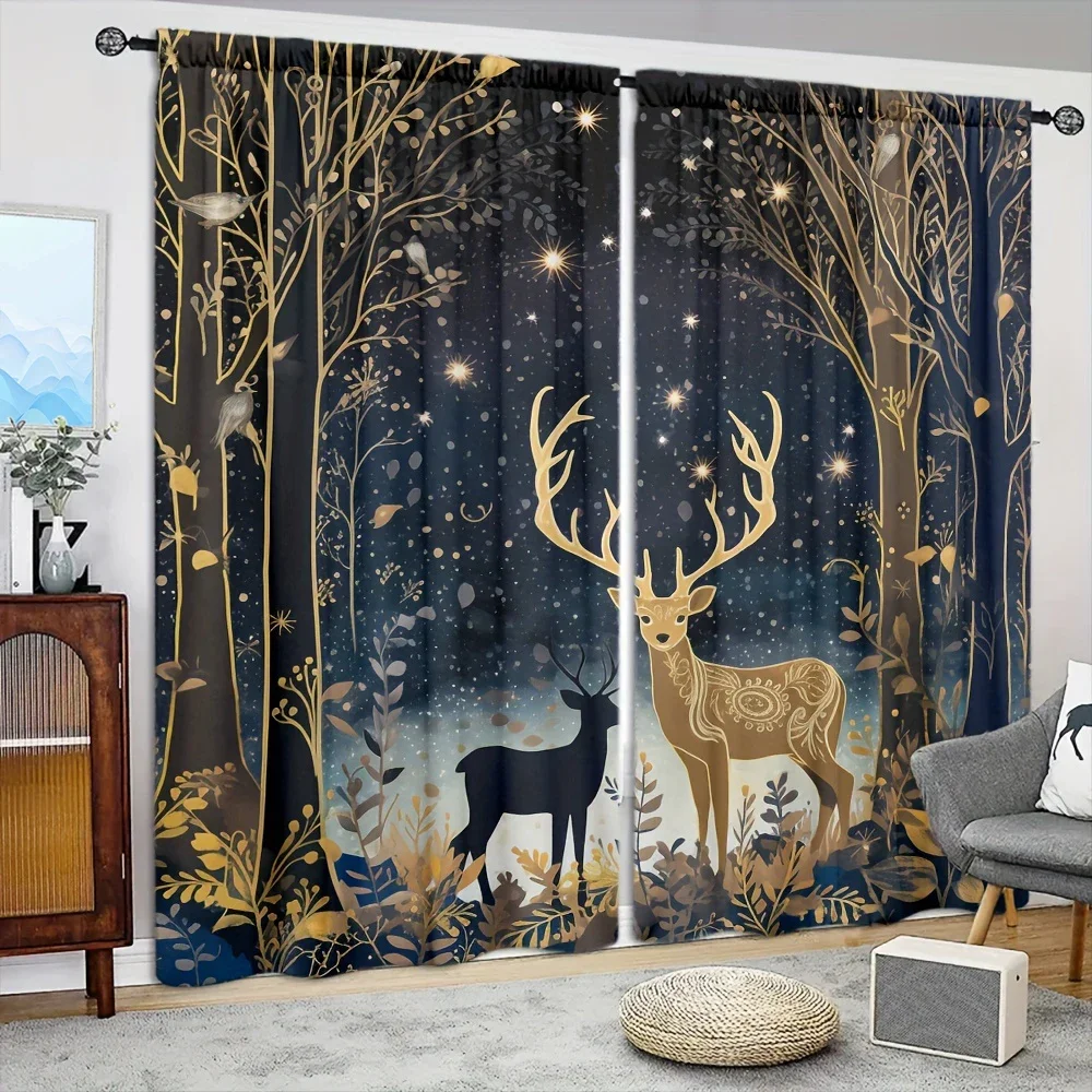 2pcs Dream Deer Style Printed Curtain for Home Decor - Rod Pocket Window Treatment for Bedroom, Office, Kitchen and Living Room