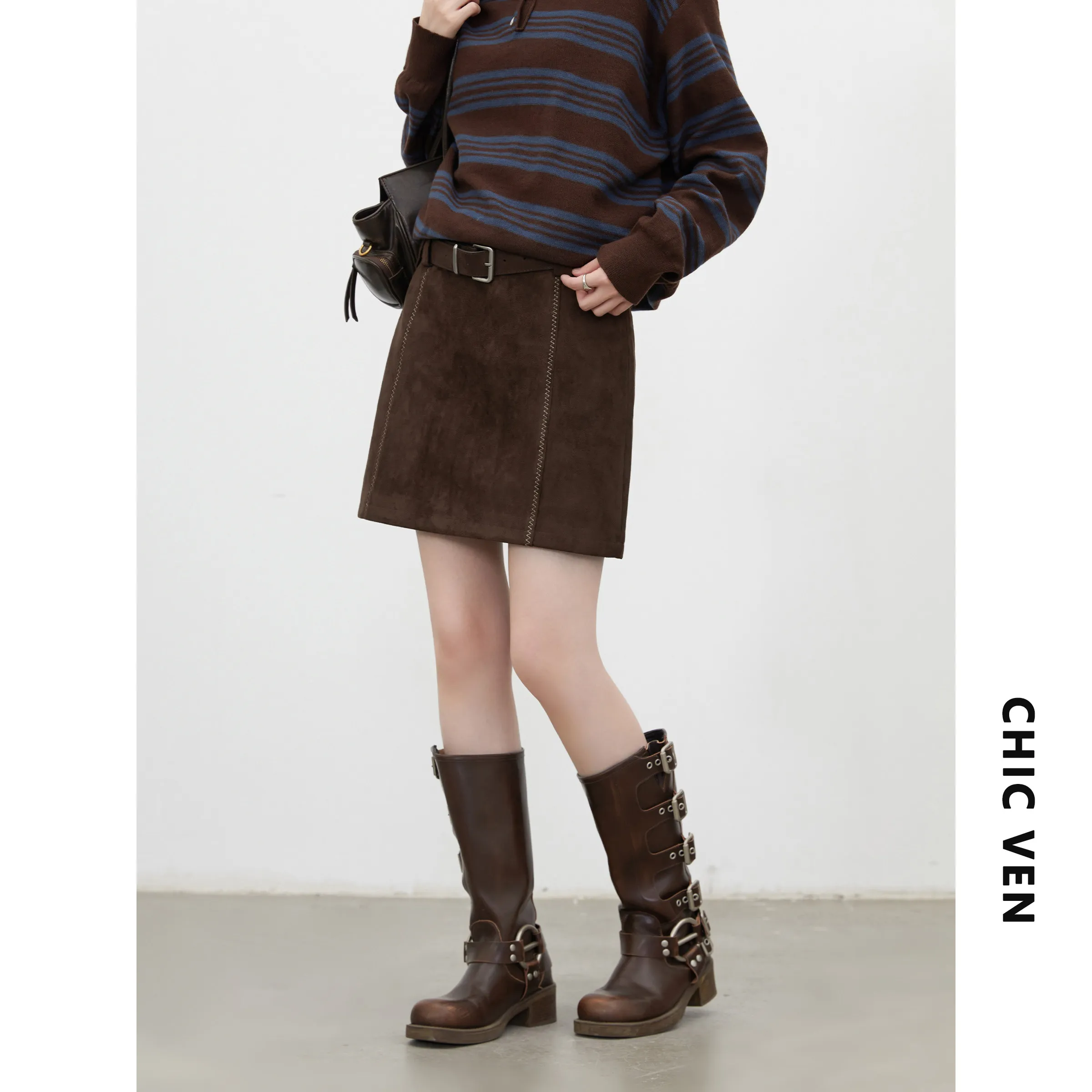 CHIC VEN Korean Women's Skirts with Belt Retro High Waist Suede Leather with Bright Thread  A-line Skirt Spring Autumn New 2026