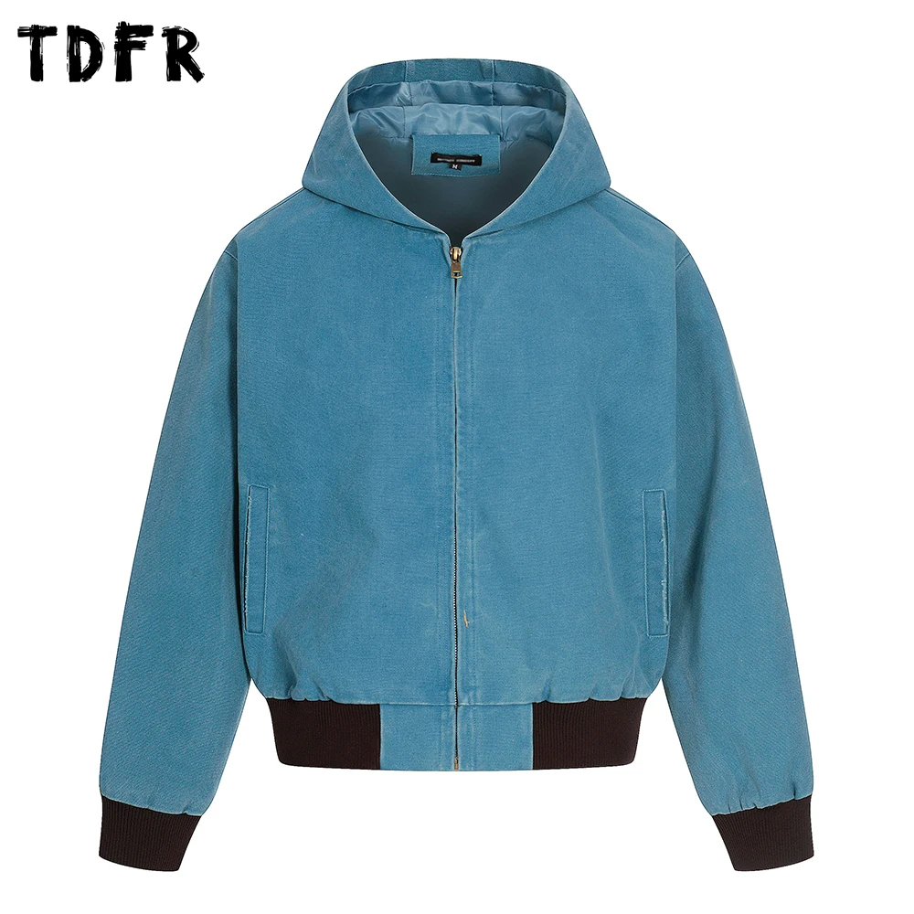 

Washed Distressed Cargo Hooded Jacket Mens Autumn Winter Solid Color Retro Casual Loose Long Sleeve Outerwear Man