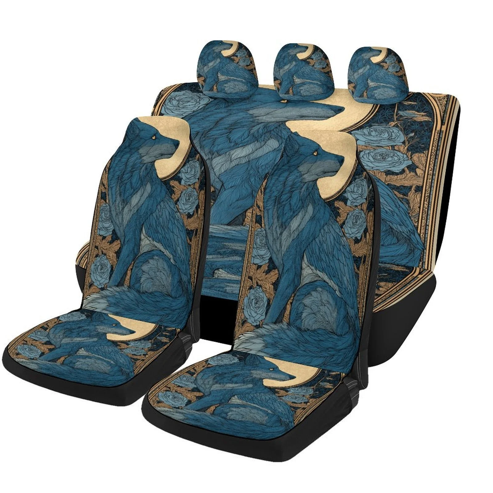 Blue Wolf Moon Design Car Seat Cover Set - High-Quality, Durable Polyester, Full Coverage For 2 Front & Rear Seats, Machine Wash
