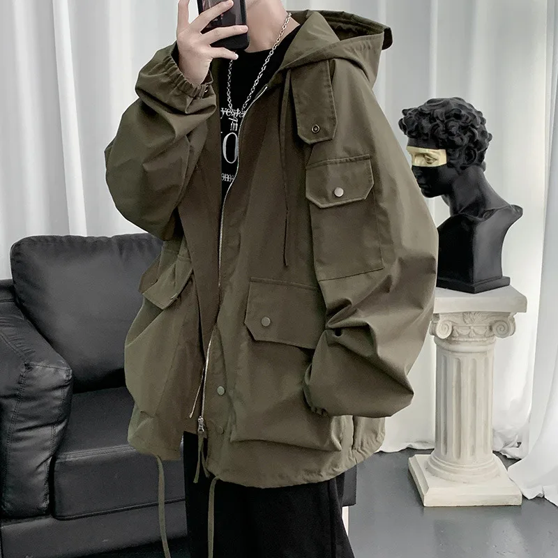 Jacket men's solid color loose and simple American military green tooling medium and long autumn and winter trendy large size