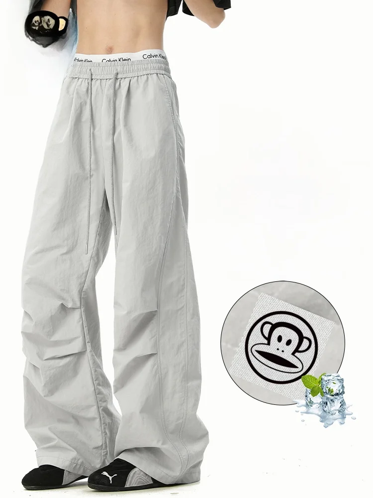 

PaulFrank Summer Thin Casual Pants Men's Trendy Loose Ice Silk Qui Dry Paratrooper Pants Straight Leg mid Waist Elastic
