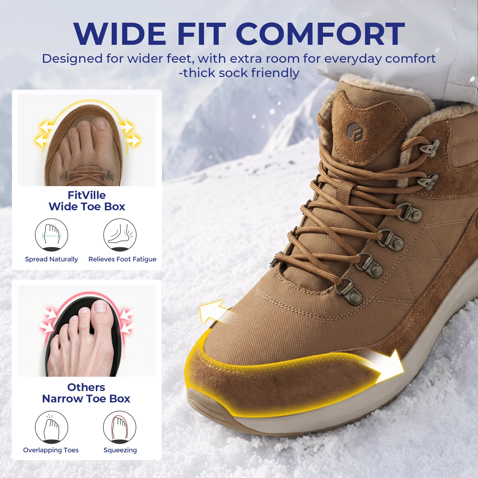 FitVille Men's Winter Boots Extra Wide Hikking Shoes for Men Water‑Repellent Warm Plush Snow Trekking Boot Antumn Non‑Slip