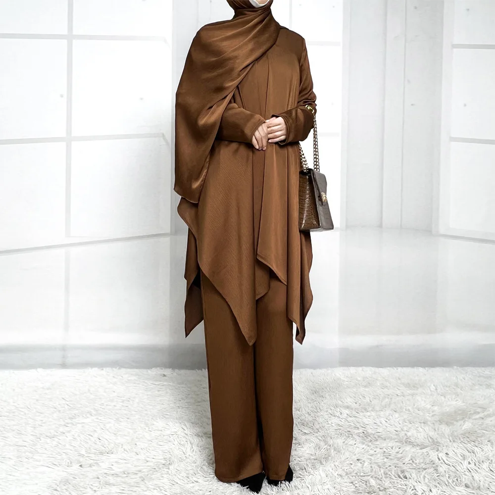 Hijabi Tunic with Pants Set Muslimah Co-Ord Set Eid Modest Islamic Clothes-V Neck Irregular Hem Tunic Top & Elastic Waist Pants