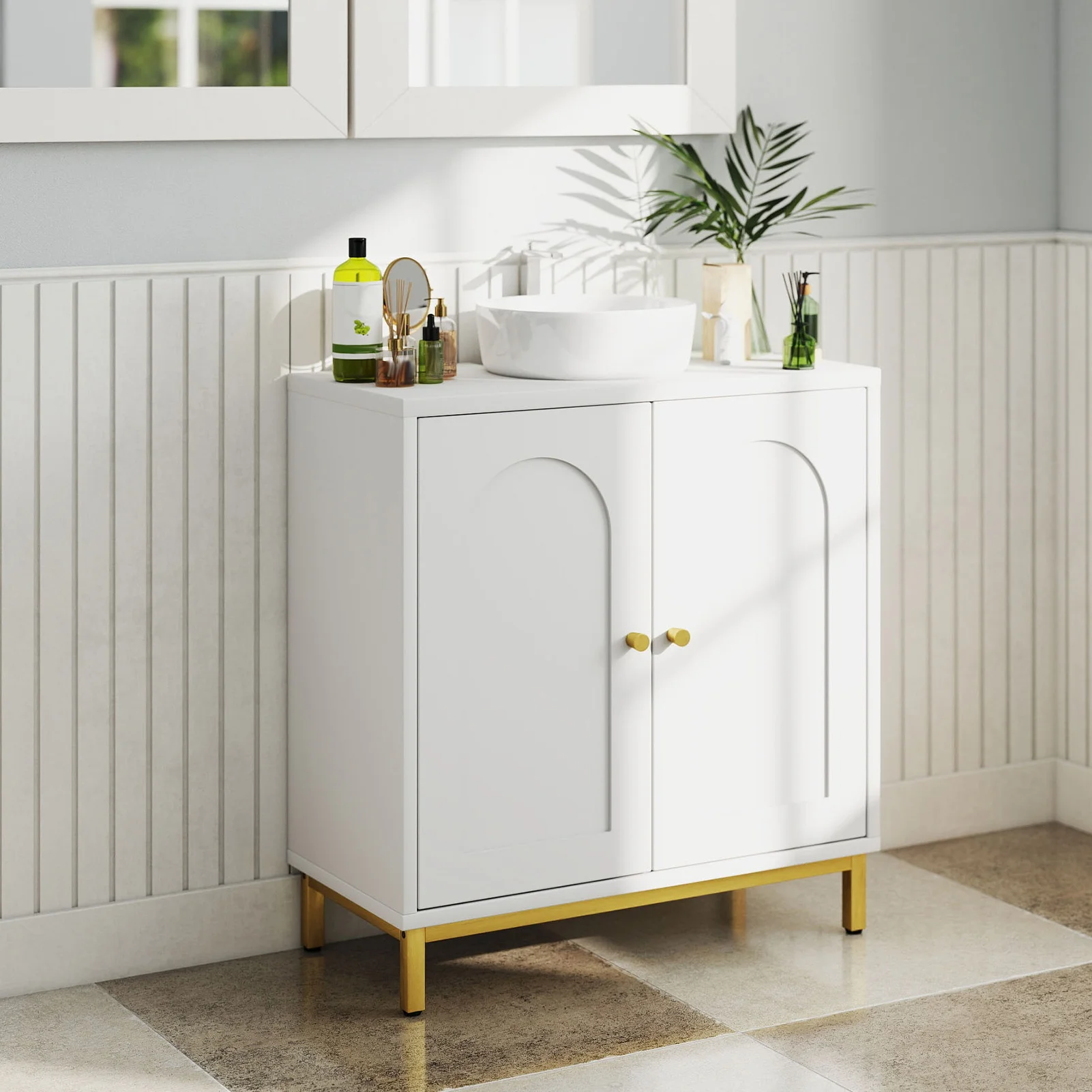 

Тумба под раковину с 2 дверцами, современный органайзер под раковину с U-образным вырезом, регулируемая полка для ванной, белая