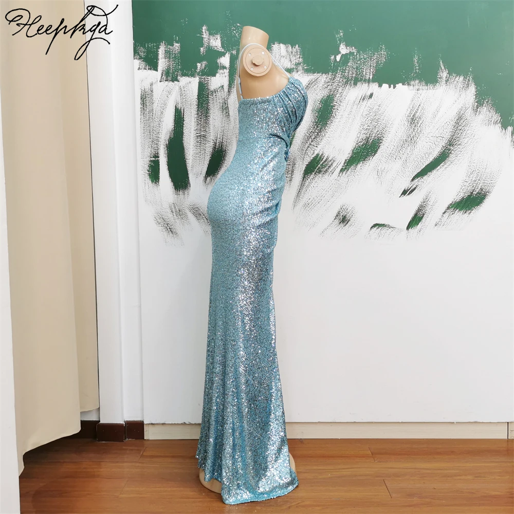 New Design 2024 Long Baby Blue Evening Dress Stunning Sequin Spaghetti Straps Mermaid Sexy Prom Party Gowns In Stock