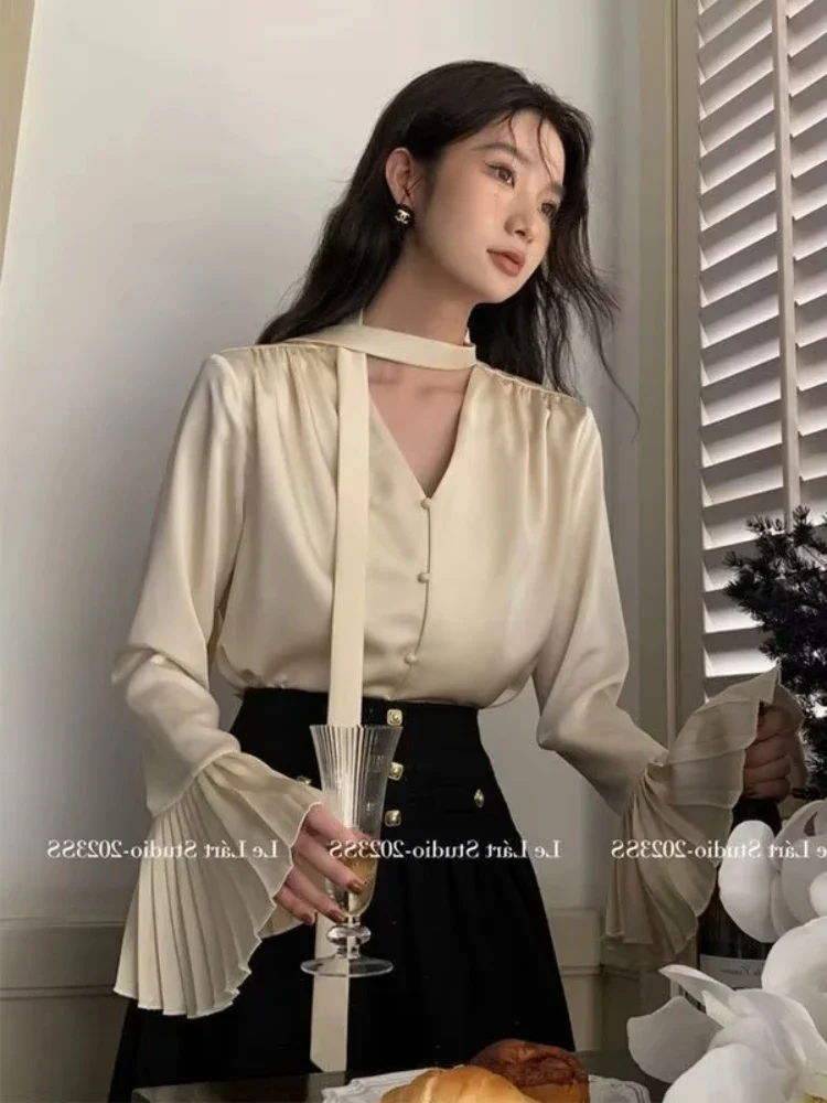 Youth Front Bow Tied Satin Silk Blouse Women Elegant Flare Sleeve Casual Top Lady Office V neck Oversize Shirt Female 2024 New