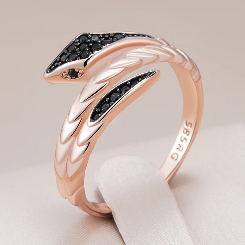 Kinel Hot Punk Black Natural Zircon Snake Ring for Women Fine 585 Rose Gold and Black Plating Vintage Daily Animal Jewelry