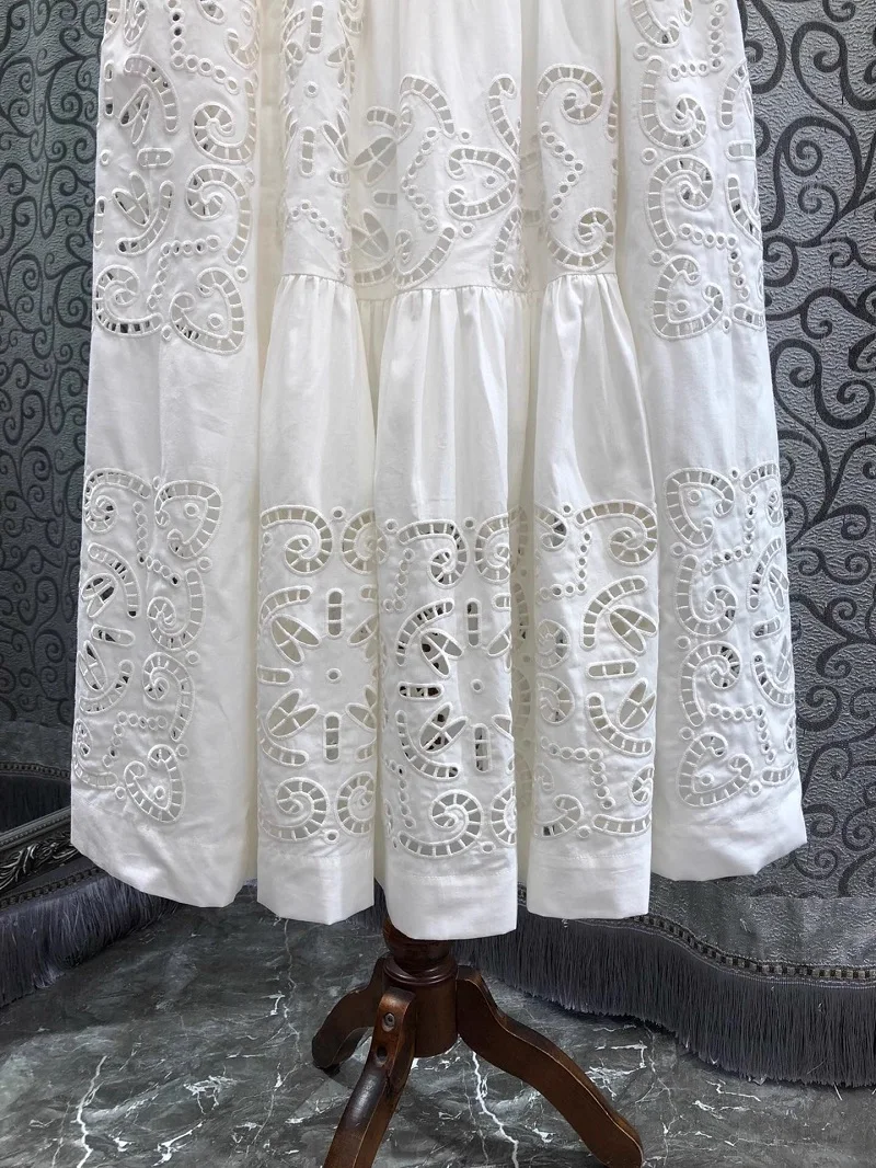 New 2025 Spring Long Skirt High Quality Women Elastic Waist Hollow Out Embroidery Luxury Cotton Linen Long Maxi White Skirts
