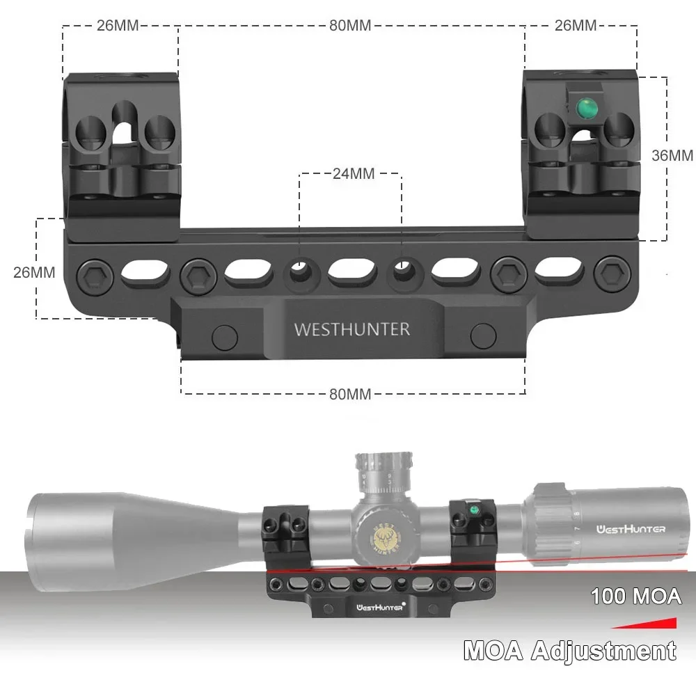 WestHunter 100 MOA Compensation Picatinny Scope Mounts 133mm-163mm Adjustable Length Scope Rings with Bubble Level for Hunting