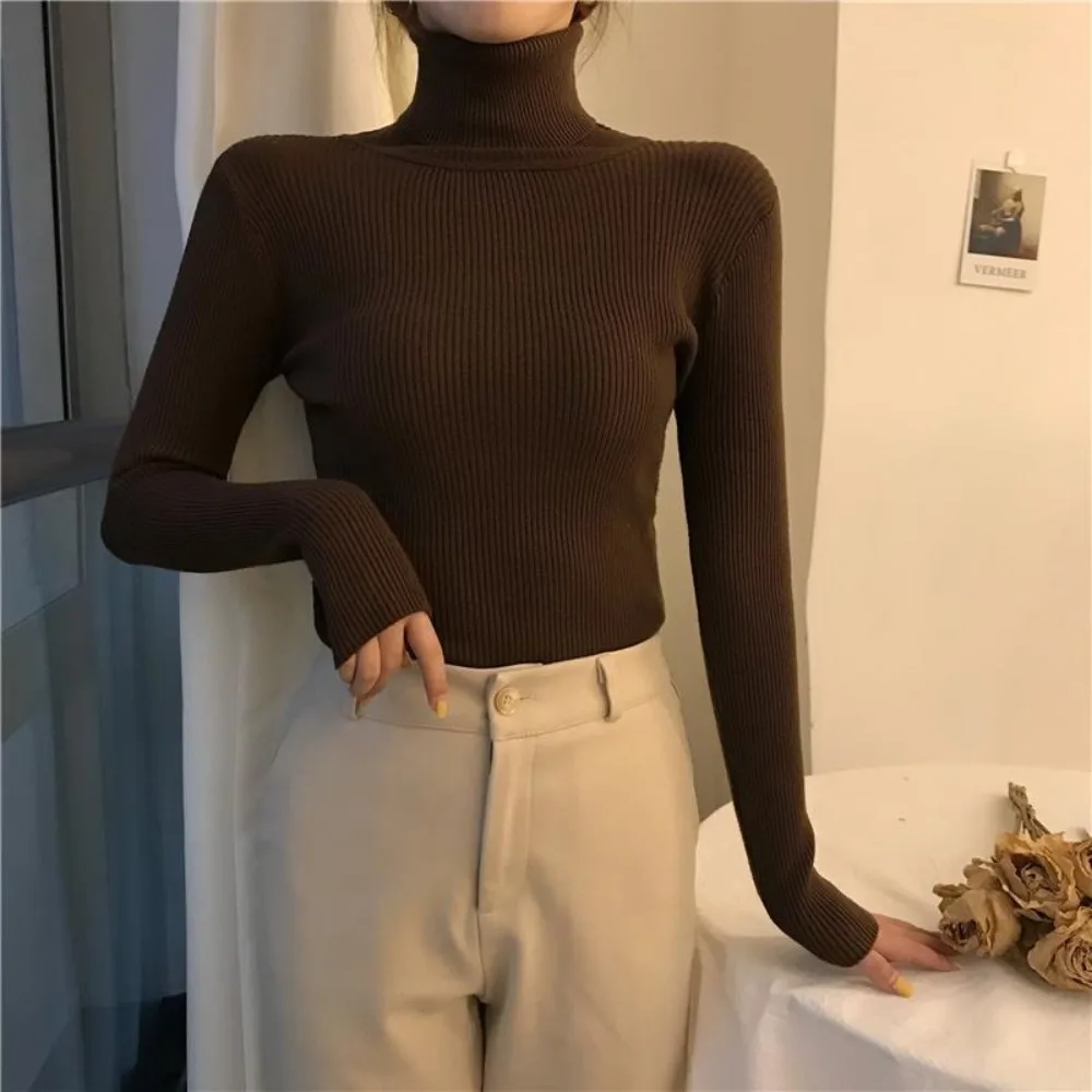 Fashion Long Sleeve Foldover Turtleneck Sweater Slim Elastic Basic Knitted Pullover All-Match Simple Classic Lady Knitwear Women