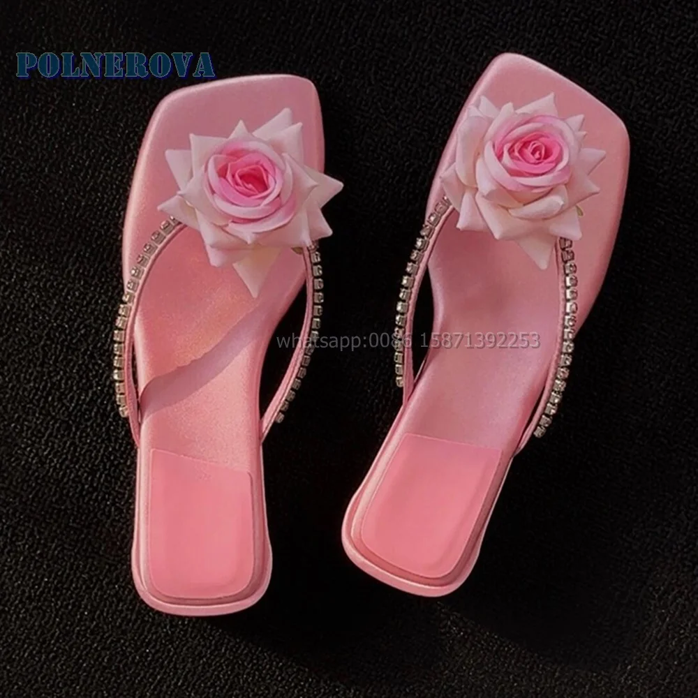 

Flower Rhinestone Pink Flip Flops Sexy Sweet Cool Style Shoes 2024 Square Toe Chunky Heels Side Air Slingback Patchwork Sandals