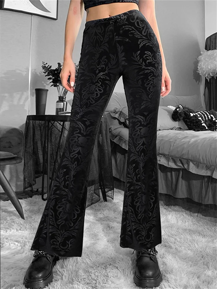 2022 New Mall Goth Flocking Velvet Women Pants Women Dark Gothic Harajuku Streetwear High Waist Slim Aesthetic Skinny Leggings