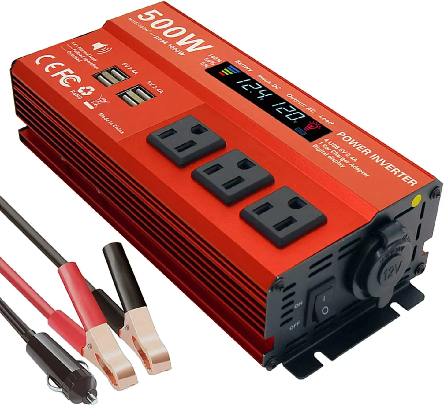 

500W Peak 1000W Inverter DC 12V to 110V AC with 4 USB Ports & Cigarette Lighter Outlet